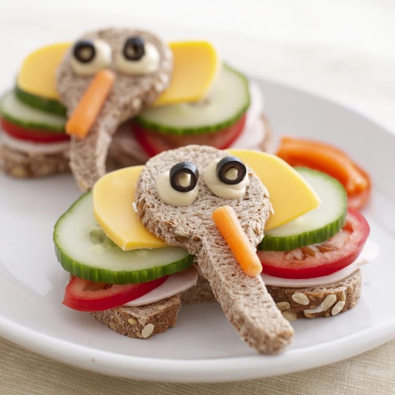 A close-up view of a Big Top Elephant Sandwich platter, showing vibrant bell pepper and olive eyes.