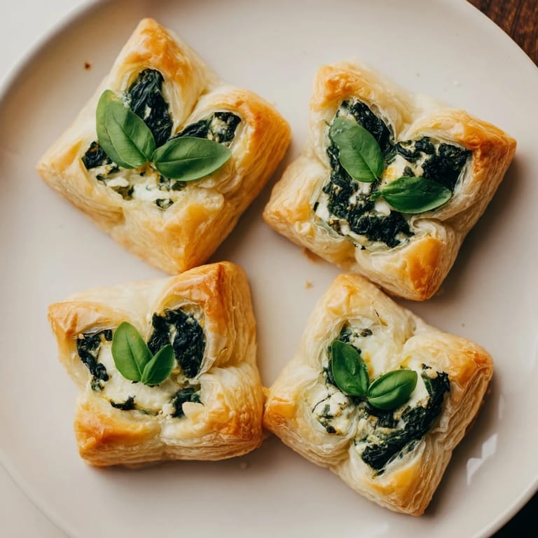Close-up of baked Lucky Clover St. Patricks Day Bites, showing golden-brown puff pastry with fresh basil on top.