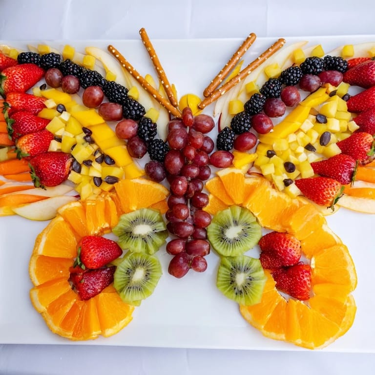 Colorful Monarch Magic Fruit Butterfly Tray, a healthy snack with sliced fruit for kids or summer picnics.
