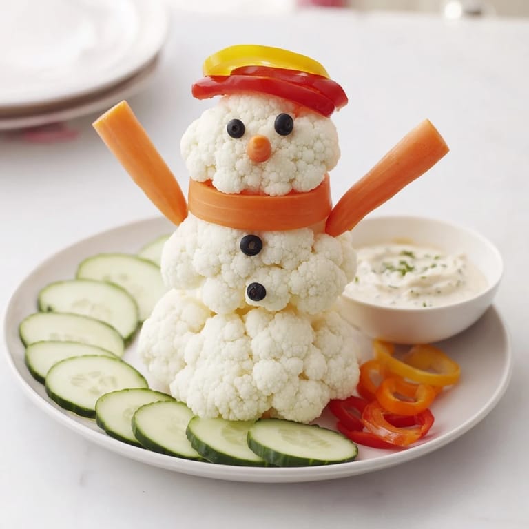 Wholesome Snowman Crudités recipe features easy-to-make, refreshing raw vegetables with a delicious dip.