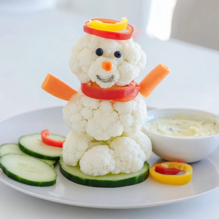 Vibrant Snowman Crudités arrangement: See the cute snowman shape, ready to dip in creamy herb sauce.
