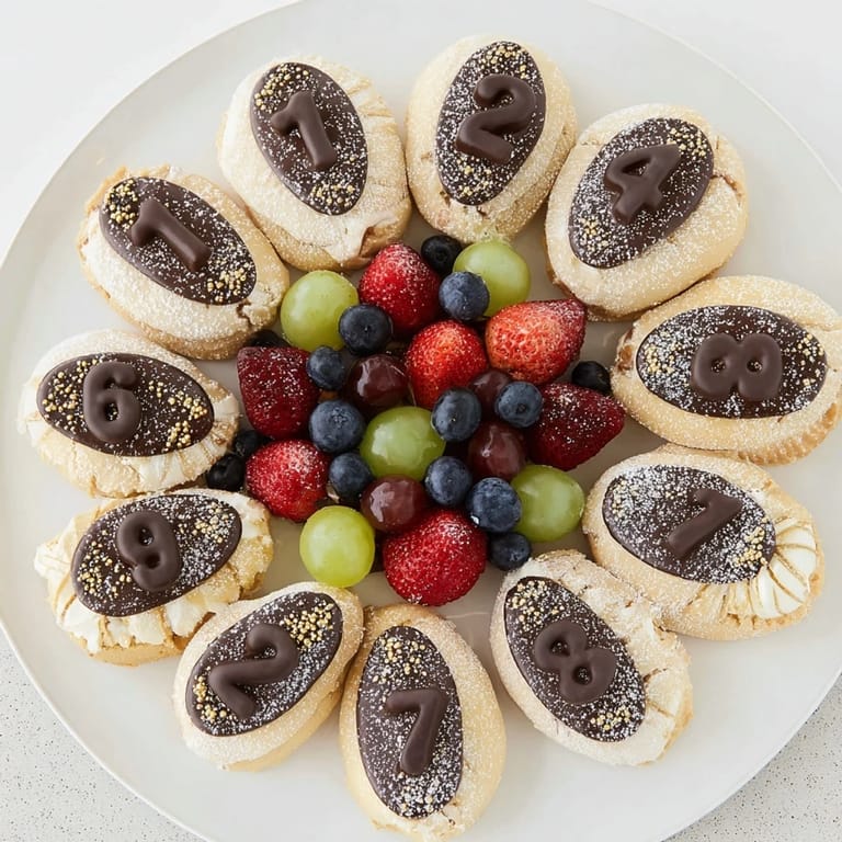 Vibrant Sparkling Clock Countdown Platter, with fresh berries, cream puffs, and gold sprinkles, perfect for New Year's Eve.