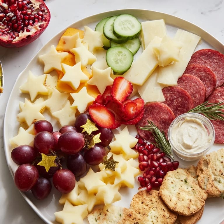 Gouda and cheddar star cut-outs on the festive Happy New Year Star Board appetizer for New Year's celebrations.