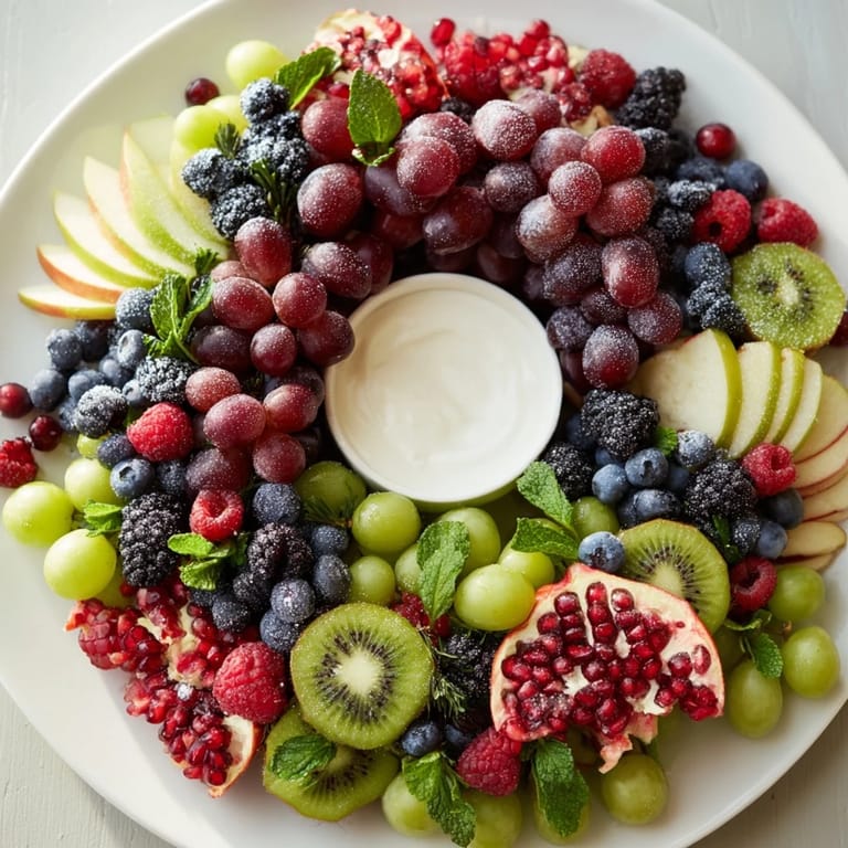 This delicious Winter Berry Wreath Fruit Board displays a colorful array of fresh, seasonal fruit perfect to share.