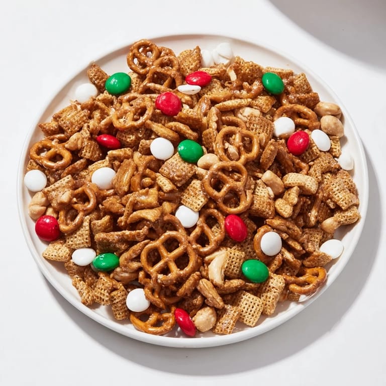 A crunchy and colorful Holiday Mix with red and green candies, ideal for snacking.