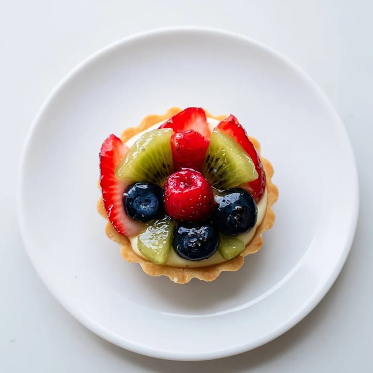 A close-up of beautifully arranged, bite-sized Mini Fruit Tartlets bursting with a variety of ripe fruits.
