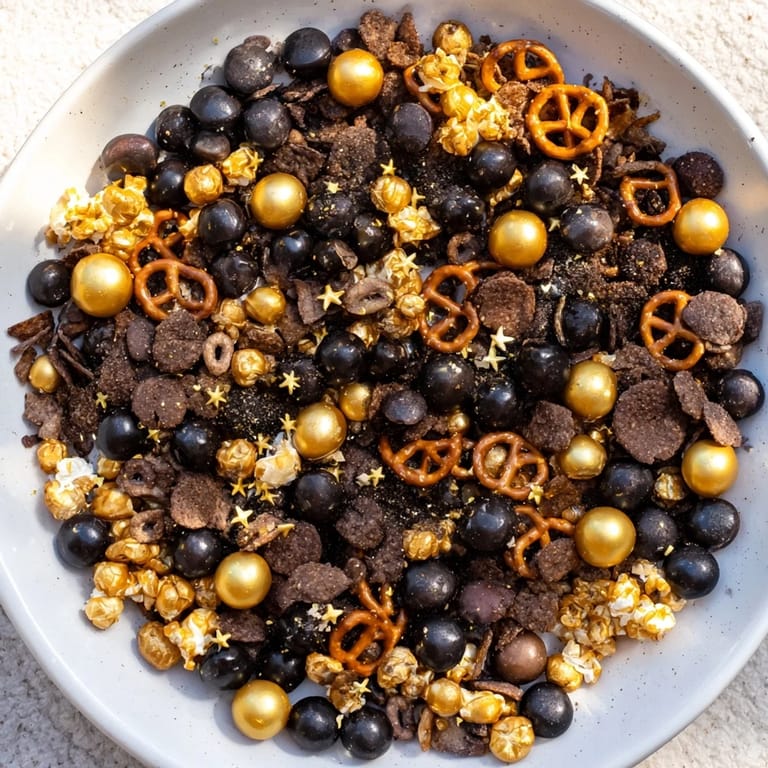 Festive Gold and Black Midnight Snack Mix, offering a delightful crunch and a delicious, sweet flavor profile.