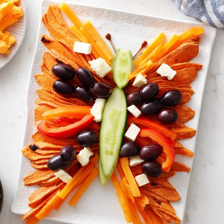 Savory Monarch Butterfly Wings appetizer features roasted sweet potato, olives, and grapes in a striking presentation.