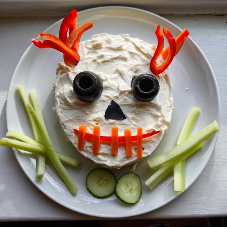 This spooky Skull & Bones Spooky Spread features a creamy skull surrounded by crunchy, colorful vegetables, ready to enjoy!