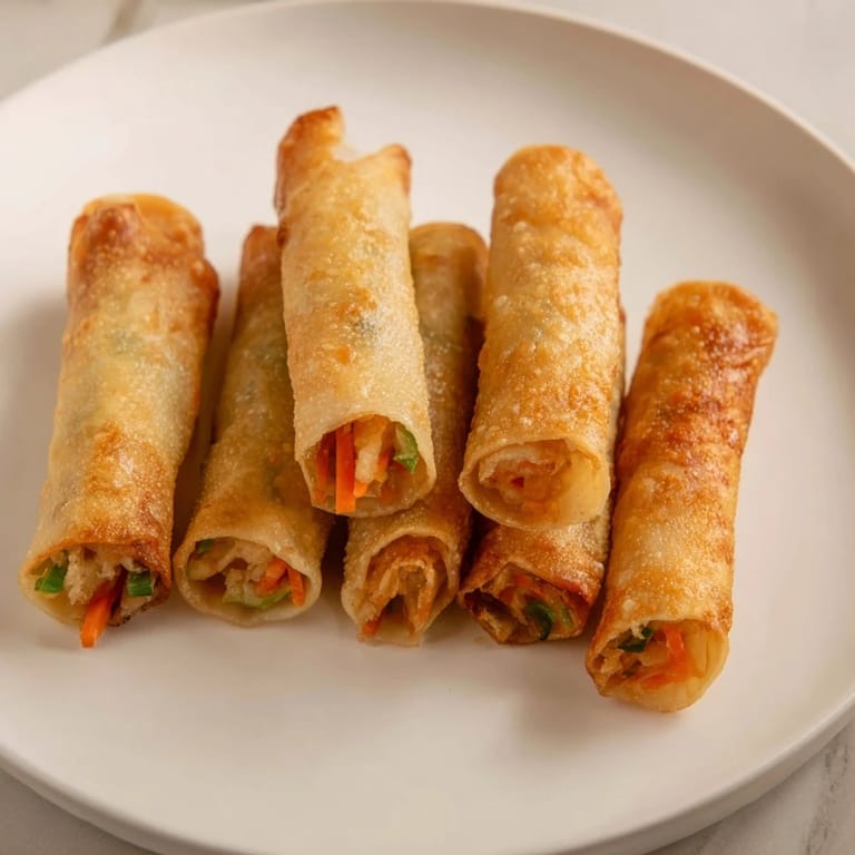 Savory air fryer chicken lumpia bites, lightly browned; ready to be served with dipping sauce.
