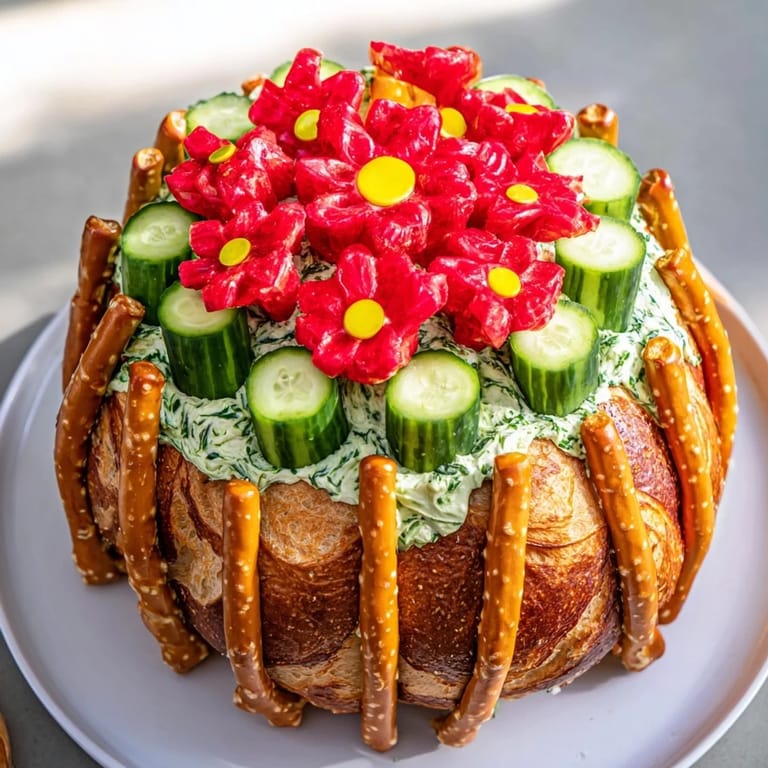 Enjoy the unique Desert Cactus Bloom, an edible food art appetizer with vibrant fruit leather and herbs for serving.