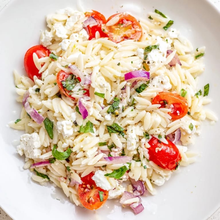 Freshly made Tomato Feta Orzo, showcasing tender orzo, herbs, and crumbly feta for a delicious meal.