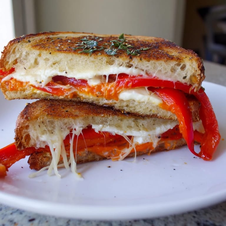 Crispy sourdough bread sandwiching warm, melty Roasted Red Pepper Grilled Cheese, ready to be devoured.