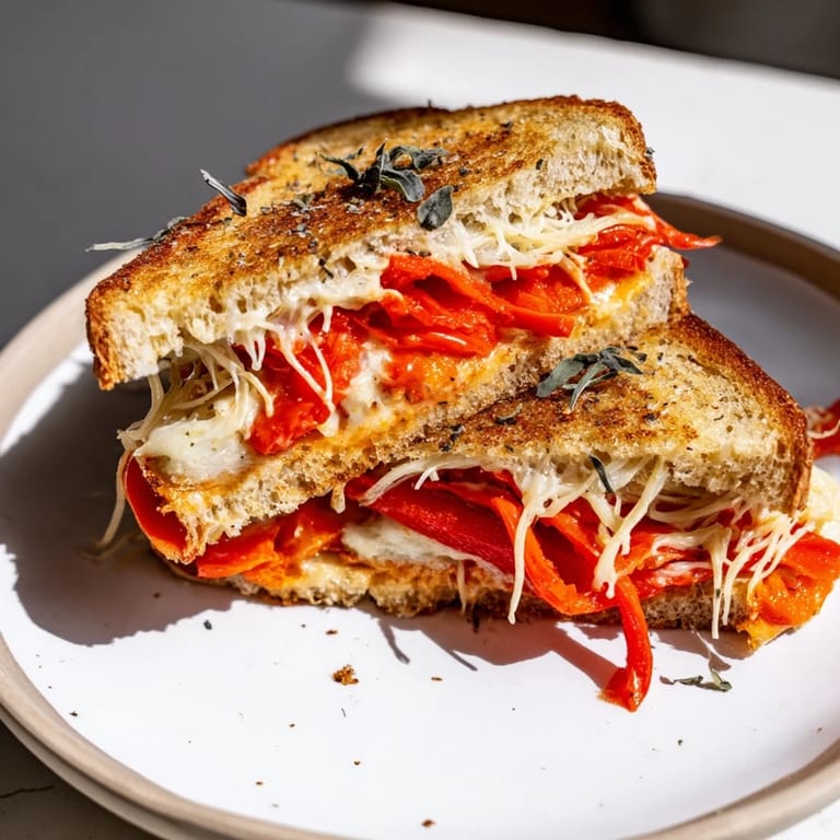 Warm and comforting: A view of a perfectly grilled Roasted Red Pepper Grilled Cheese ready to serve.