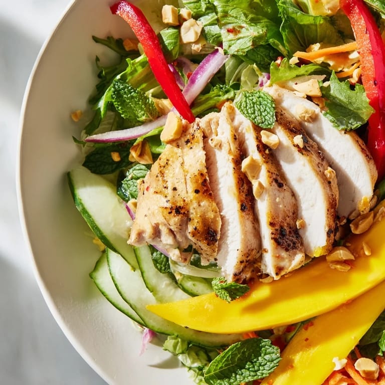 Close-up of freshly made Thai Mango Chicken Salad; cilantro and mint add bright flavors.