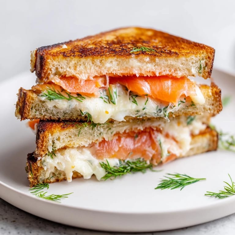 A close-up shot of a Smoked Salmon Grilled Cheese sandwich with crispy, golden bread and flaky salmon.