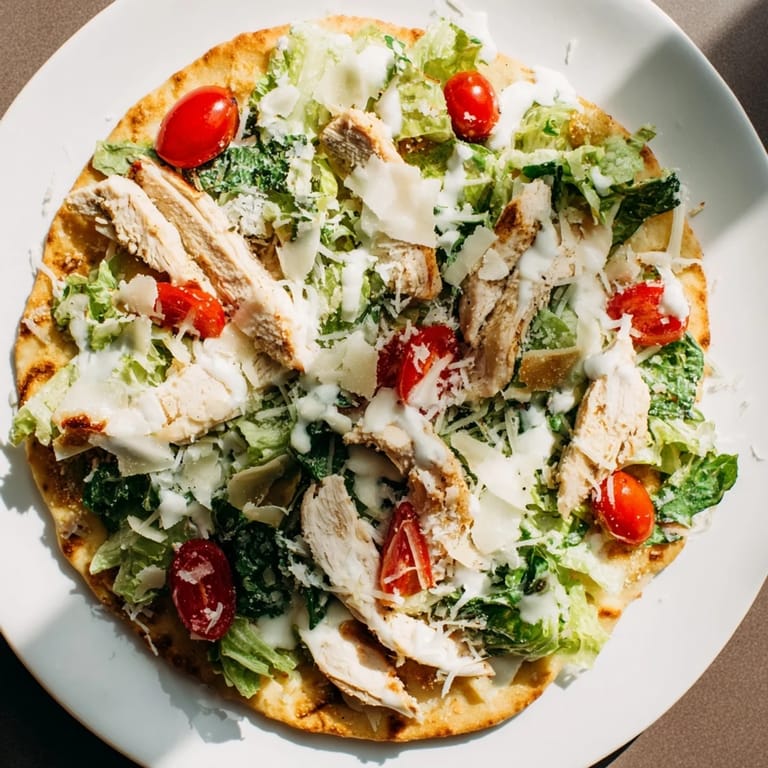 A close-up of a delicious Chicken Caesar Flatbread, perfectly baked and ready to eat, with fresh ingredients.