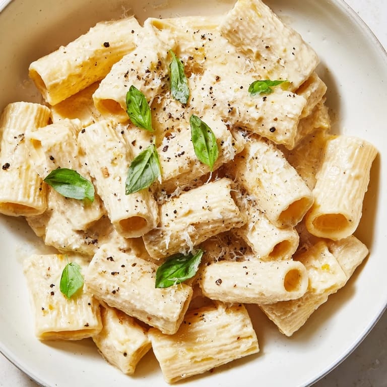 Enjoy a comforting serving of creamy cottage cheese pasta, ready to eat and topped with grated Parmesan.