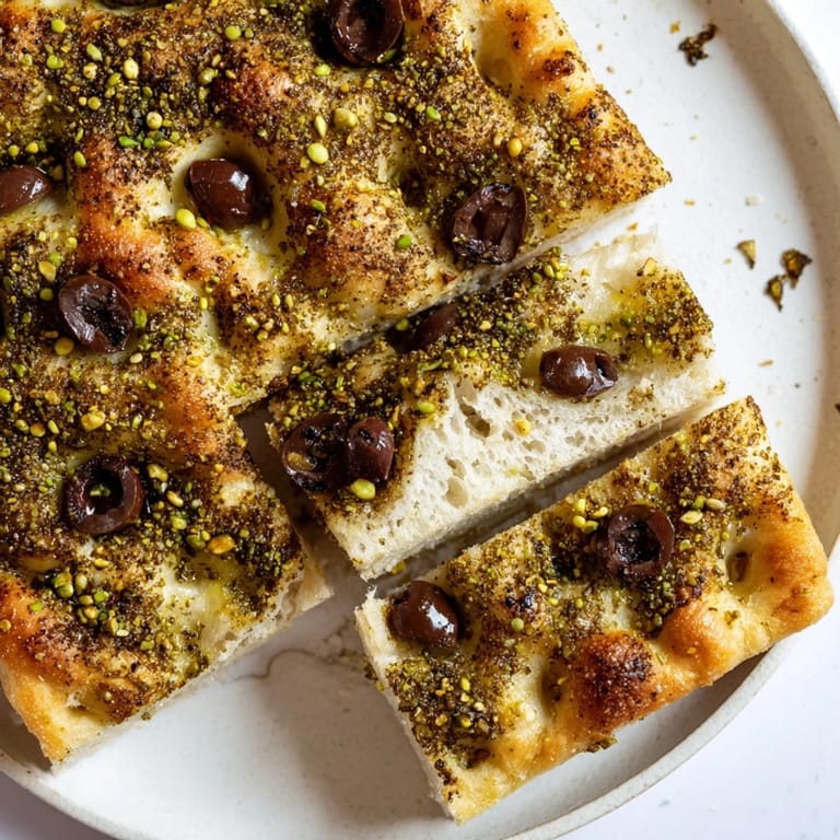 Freshly baked Zaatar Olive Focaccia, boasting a crispy crust and aromatic zaatar seasoning.