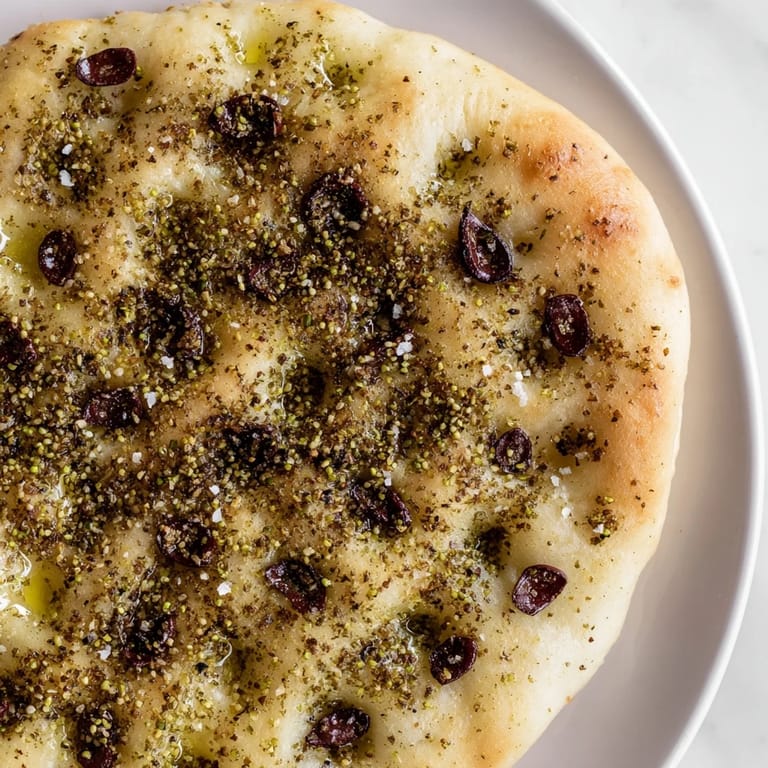 Close-up of a rustic Zaatar Olive Focaccia, showcasing dimples and glistening olive oil.