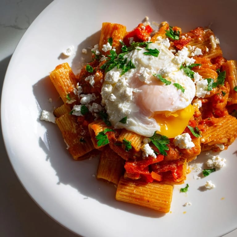 Vibrant red Shakshuka Baked Pasta features perfectly poached eggs nestled in a rich tomato sauce, ready to enjoy.