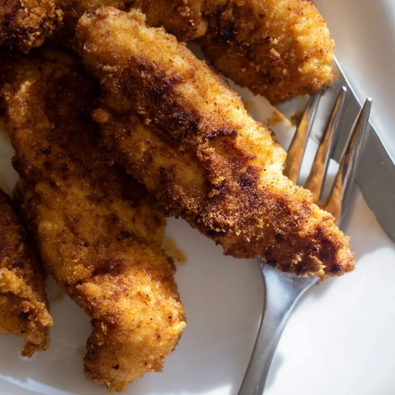 Family-style crispy fried chicken tenders, coated in a golden, seasoned crust and resting on a paper towel to absorb oil.