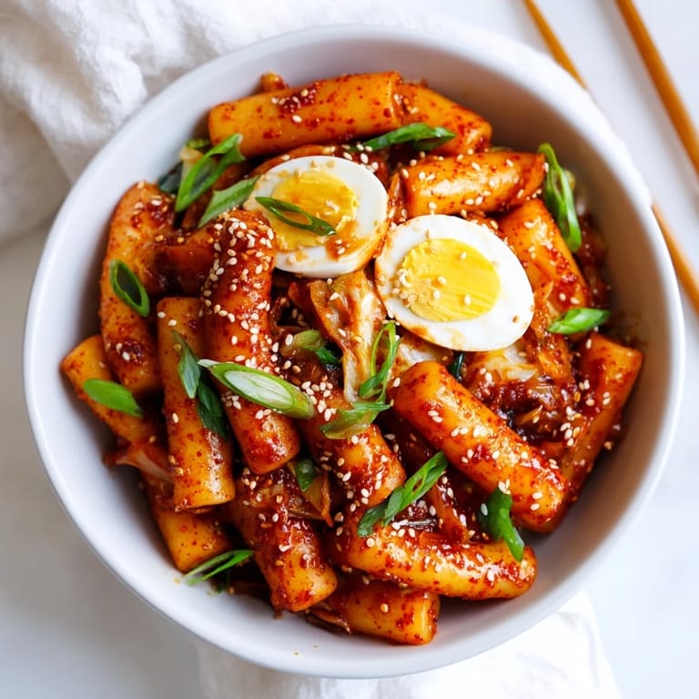 Close-up of vibrant Korean tteokbokki in a thick, spicy red sauce, garnished with fresh green onions and sesame seeds for an appetizing look.