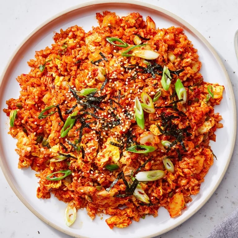 Quick Spicy Kimchi Fried Rice sizzling in a skillet with bright red kimchi and green onions.