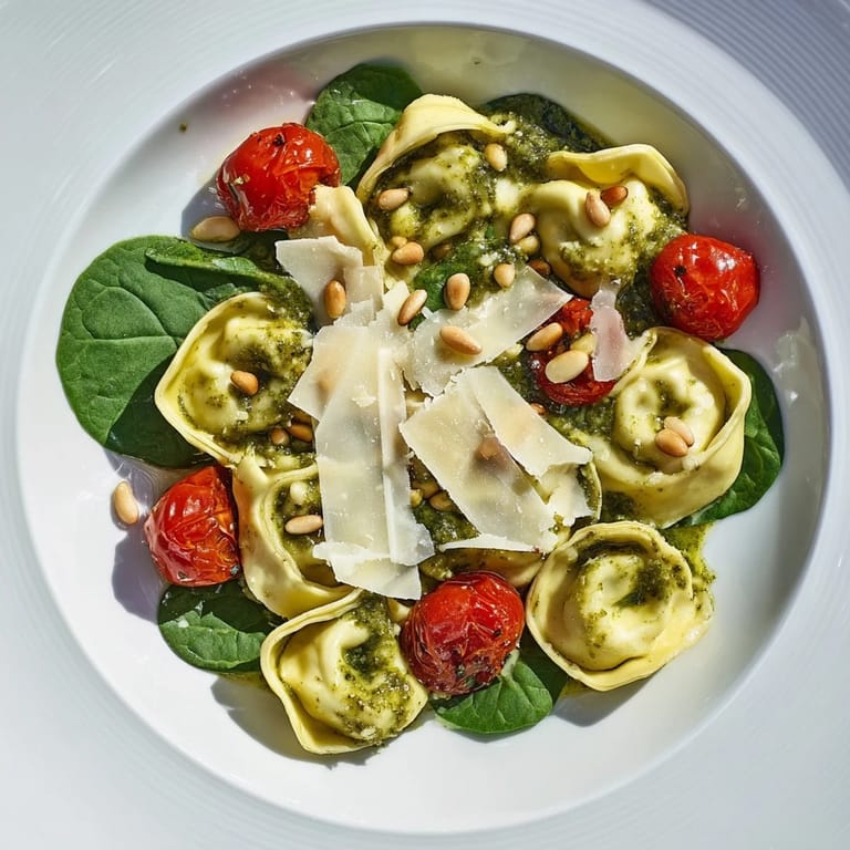 Easy vegetarian Pesto Tortellini Salad served chilled on a picnic table, with lemon wedges and a sprinkle of Parmesan nearby.