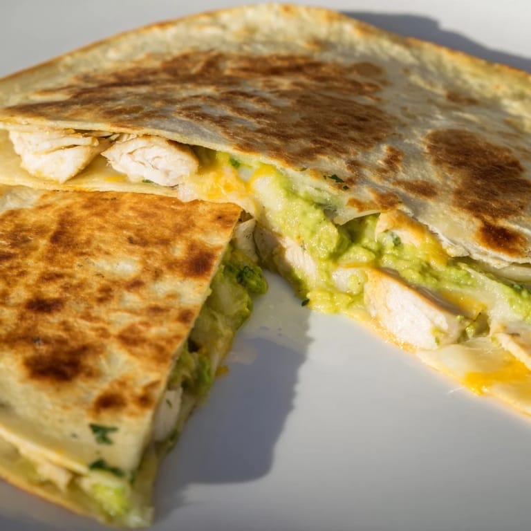 Grilled Chicken Avocado Quesadilla served with sour cream and salsa on a rustic plate.