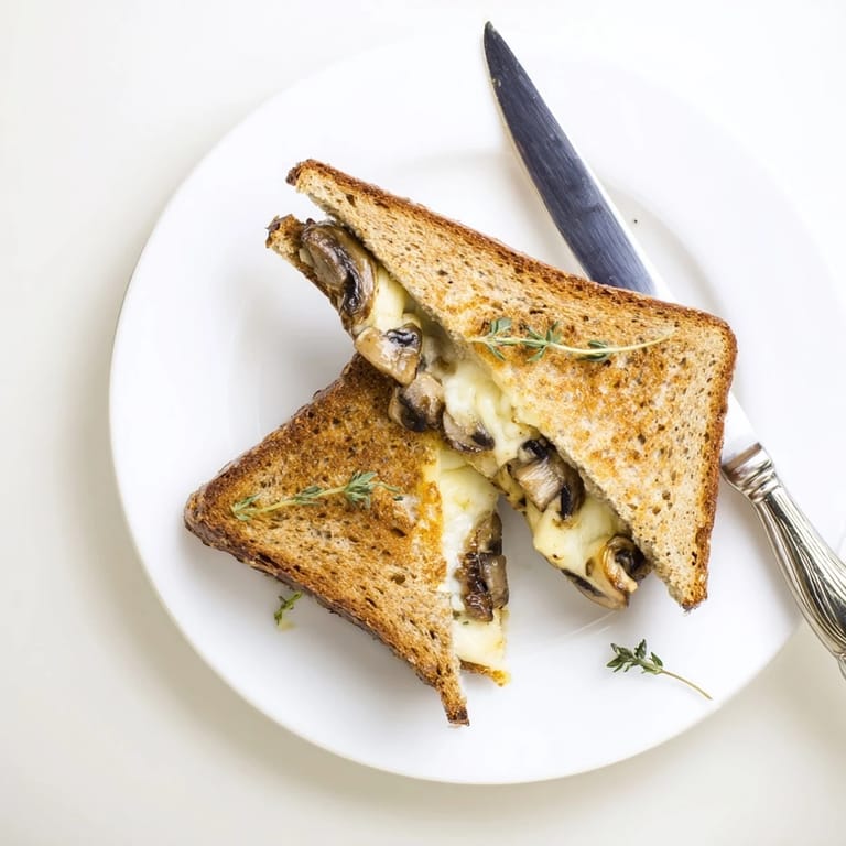 Served hot on a wooden board, this Mushroom Swiss Grilled Cheese offers a comforting, vegetarian twist on the classic.