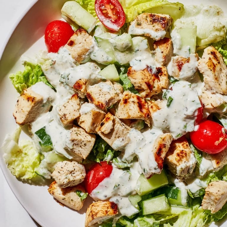 Fresh Jalapeño Ranch Chicken Salad features juicy chicken, crisp veggies, and a spicy ranch drizzle, garnished with tortilla strips and red onion.