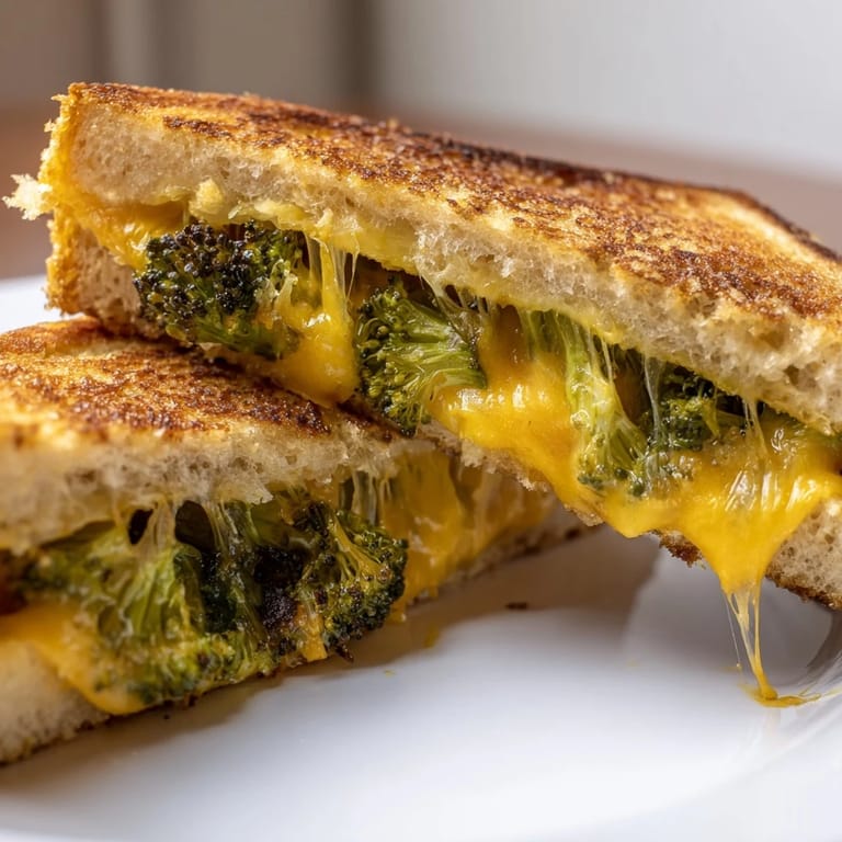 Golden slices of Roasted Broccoli & Cheddar Grilled Cheese served hot, perfect for pairing with a creamy bowl of tomato soup.