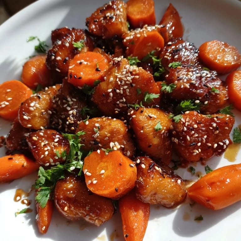 A colorful weeknight dinner of Sheet Pan Honey Garlic Chicken & Veg, garnished with parsley and sesame seeds on a dark background.