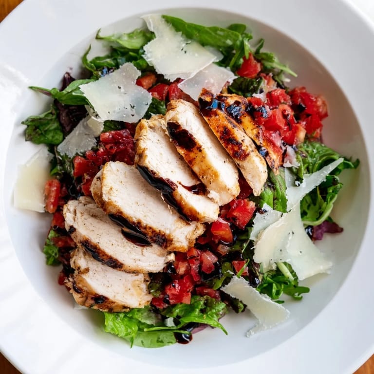 Tender grilled chicken is layered over crisp greens with a juicy bruschetta topping and lemon wedges on the side.