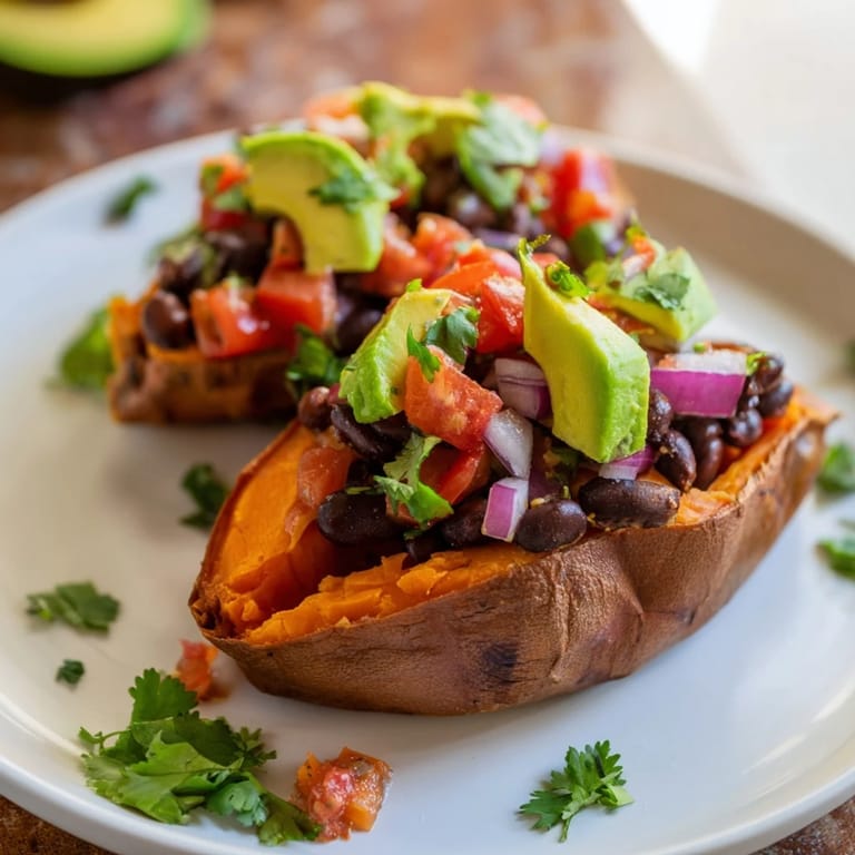 Serving suggestion for roasted sweet potatoes with chipotle black beans and zesty tomato salsa garnished with avocado.
