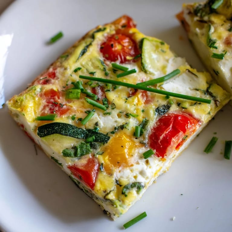 Bright, golden-baked cottage cheese eggs with spinach, peppers, and tomatoes, served warm for a protein-rich breakfast.