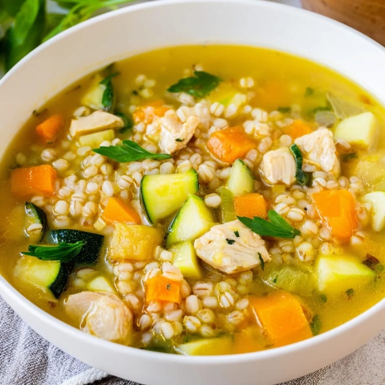 Hearty Soothing Turmeric Chicken With Pearl Barley, showcasing tender chicken and vibrant vegetables.