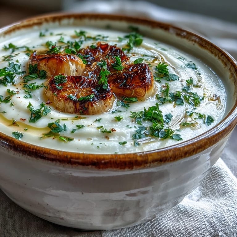 Creamy Roasted Garlic Soup in a rustic white bowl with a drizzle of olive oil and herbs.