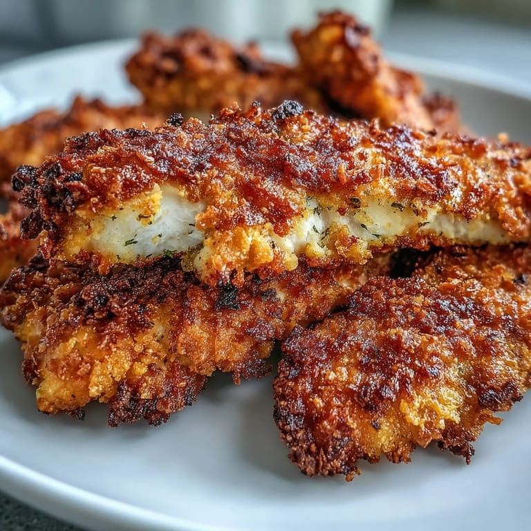 A serving of Crispy Turmeric Chicken Tenders on a plate with lime wedges and herbs. 