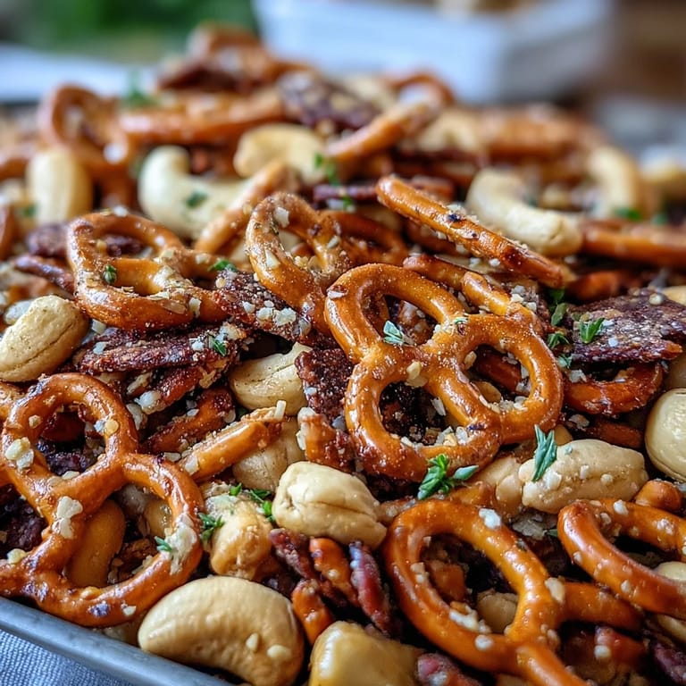 A serving bowl overflowing with Everything Ranch Cheese and Pretzel Snack Mix, perfect for game day parties or casual snacking on a rustic table.