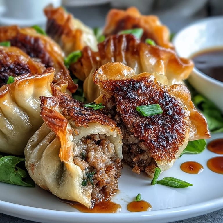 Freshly cooked Smash Dumplings feature golden, crunchy bottoms and are garnished with scallions for a flavorful appetizer.