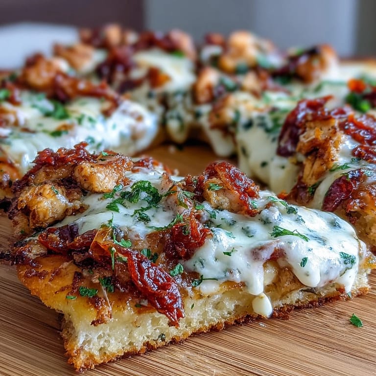 Freshly baked Marry Me Chicken pizza with bubbling mozzarella, vibrant sun-dried tomatoes, and herbs, served hot on a baking sheet.