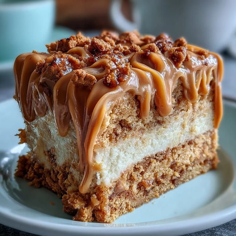 Warm morning light highlights a whole Decadent Baked Biscoff Cake with Creamy Lotus Frosting, topped with extra crumbles and a drizzle, ready for serving.