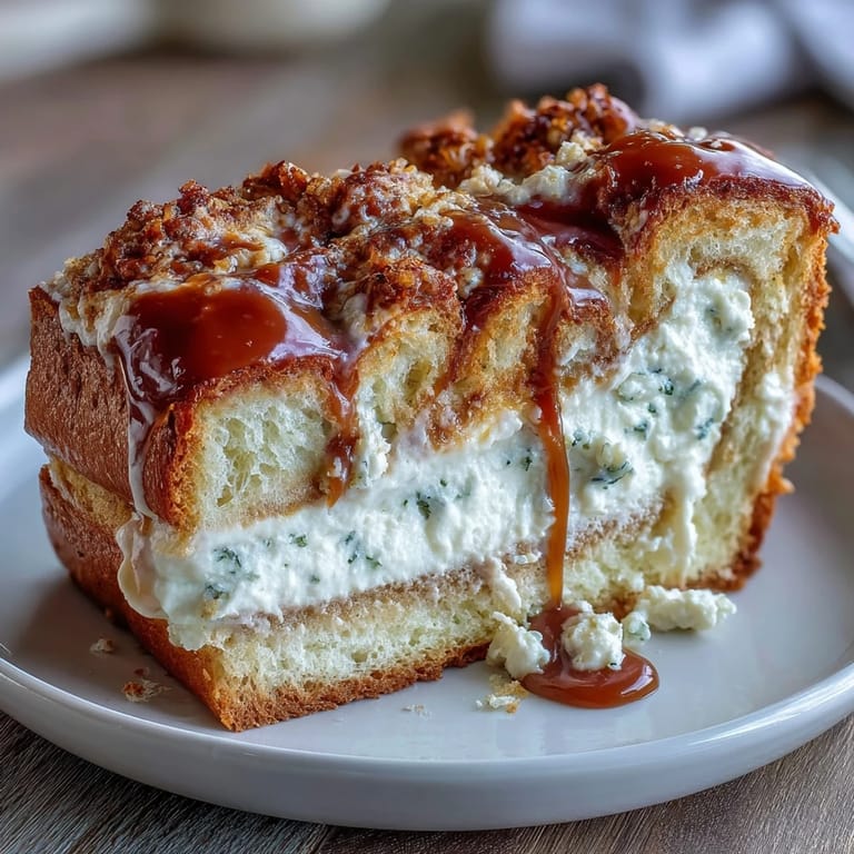A close-up of a Caramel Cream Cheese Bread slice on a white plate, revealing a creamy cheesecake swirl center.