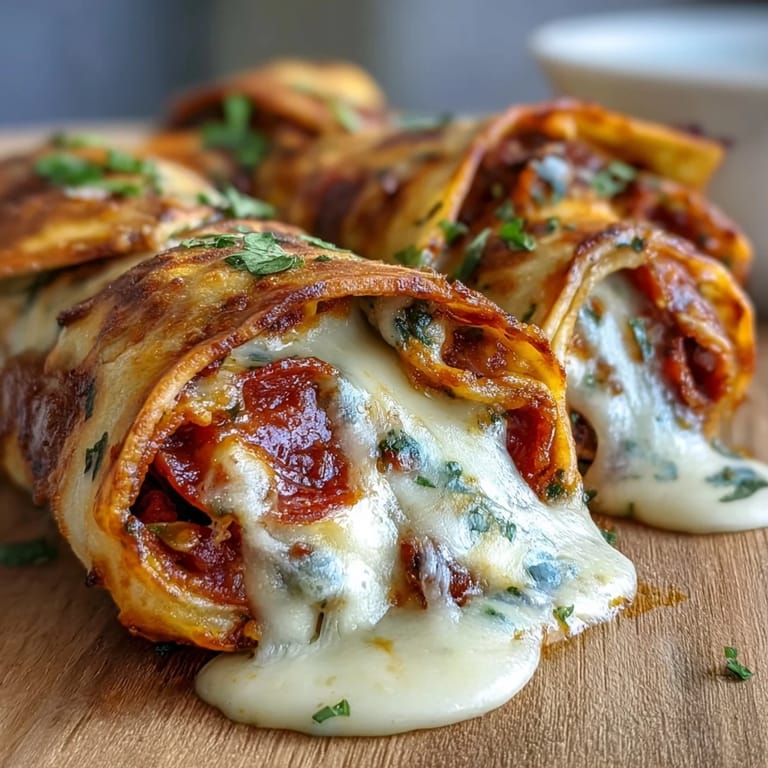 Warm Tortilla Pizza Rolls are cut into bite-sized pieces, displaying gooey cheese and colorful peppers, perfect for dipping in extra pizza sauce.