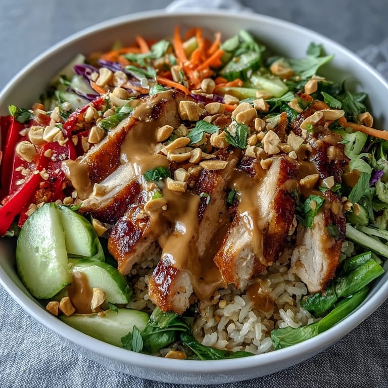 Colorful ingredients for a Peanut Chicken Power Bowl are beautifully arranged, ready to be mixed with a rich, homemade peanut sauce.