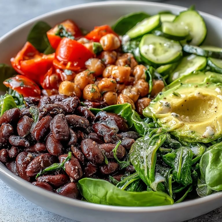 Close-up of the Three-Bean Power Bowl garnished with avocado, cilantro, and crunchy toasted pumpkin seeds.