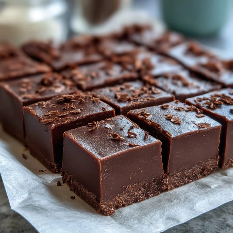 Cut pieces of Hojicha Fudge on a plate with a warm cup of green tea nearby.