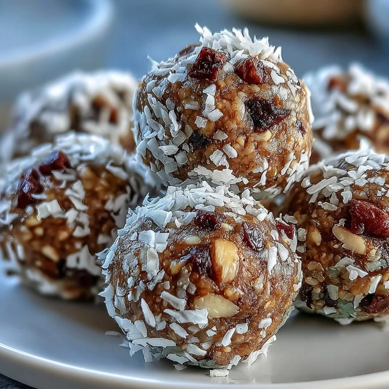 Close-up of a half-bitten Hojicha Energy Ball showing a crunchy, roasted tea interior.